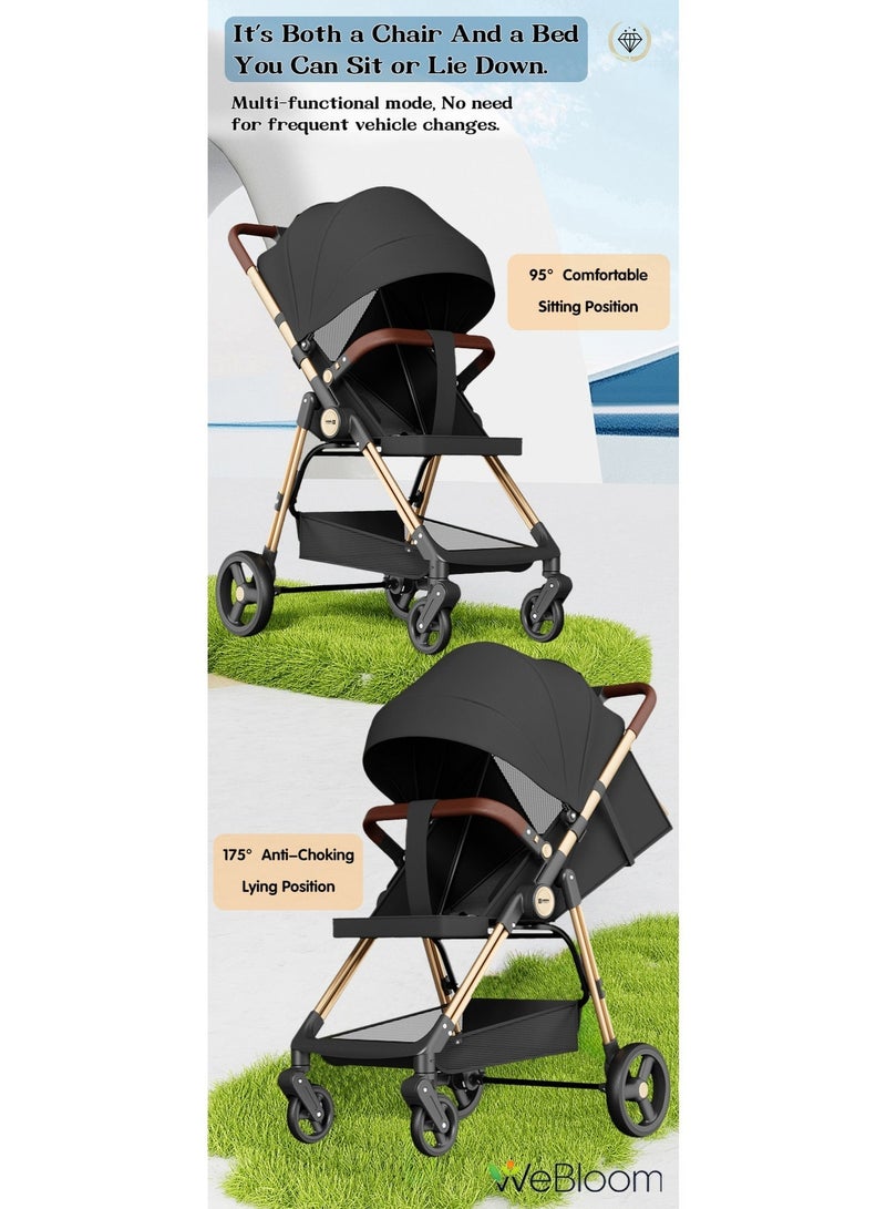 WeBloom 2 In 1 Sit & Lie Down Dual Mode Foldable Baby Stroller|Lightweight Aluminum Frame|Excellent 360° Shock-Absorbing Wheels|One-Touch Folding|Enlarged Cabin With Adjustable Backrest|Enlarged UV50+ Protection Cannopy|5-Point Safety Harness|Extra Storage Basket|Detachable Cushion + Guardrail|Large Size Breathable Travel Stroller|For 6-36 Months Baby|Black - Image 5